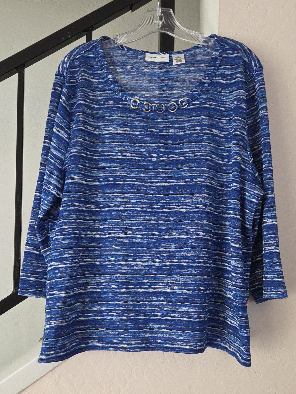 Alfred Dunner Blue Striped Scoop Neck Sweater with Ring Detail Size XL